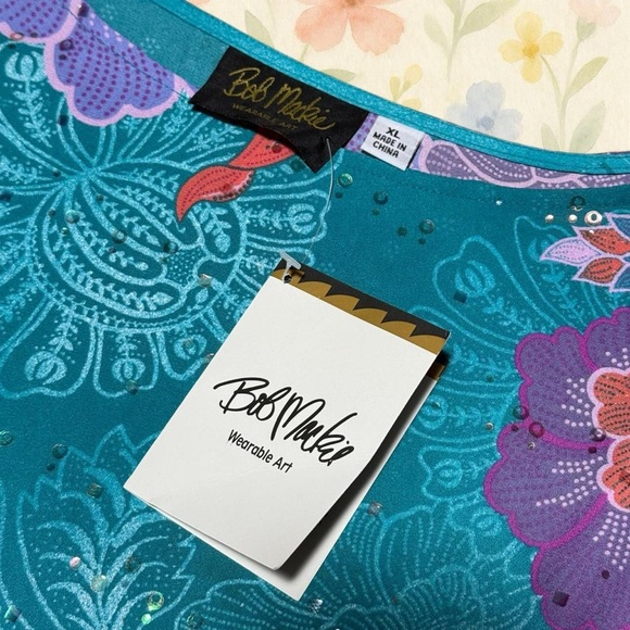 Bob Mackie Wearable Art XL Teal Floral Rhinestone Tunic Blouse Boho Top - Picture 5 of 5